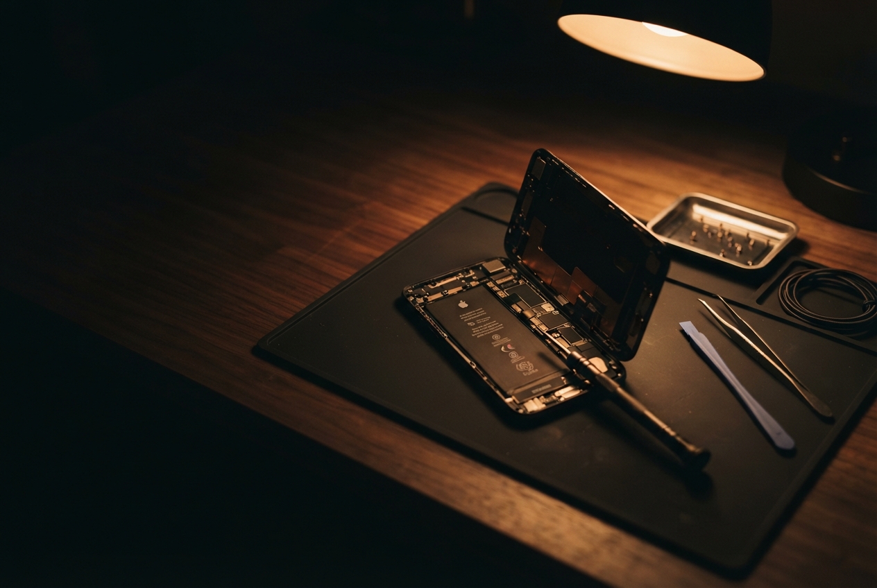 An iPhone opened on a workbench mat under a desk lamp, its battery and logic board exposed, beside a screwdriver, tweezers and a tray of screws